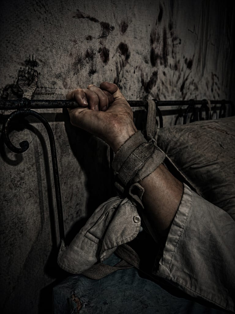 Poignet entravé sur lit de contention — dossier patient Psychiatric Caen