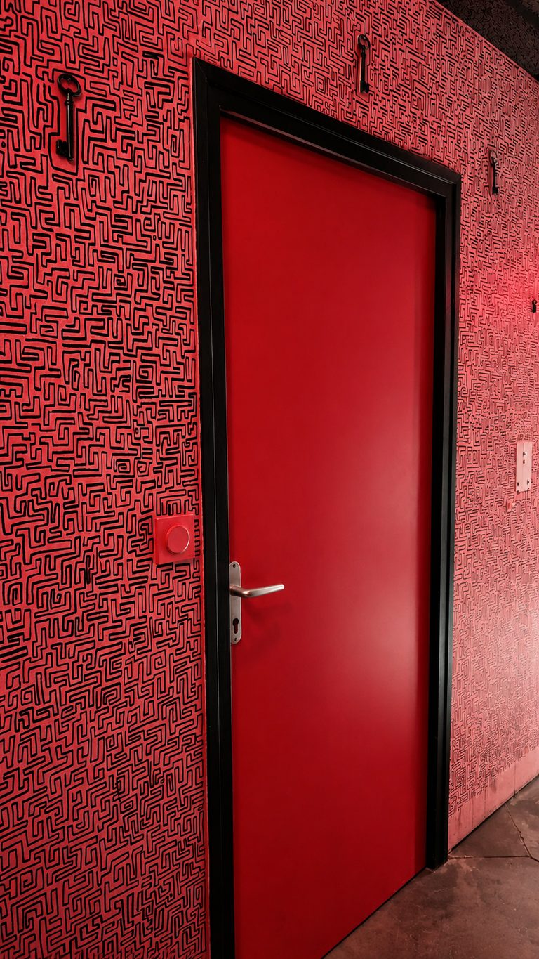 Porte fermée baignée de lumière rouge intense — moment de tension dans la salle Psychiatric