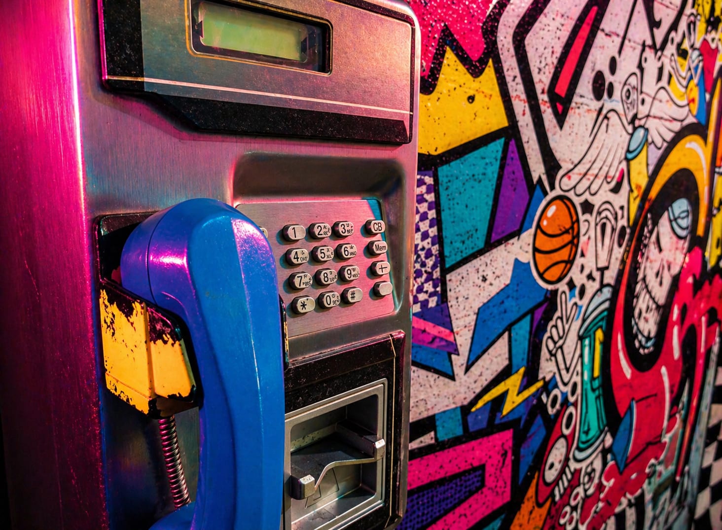 Cabine téléphonique vintage avec graffitis – escape game Back to the 80's Caen