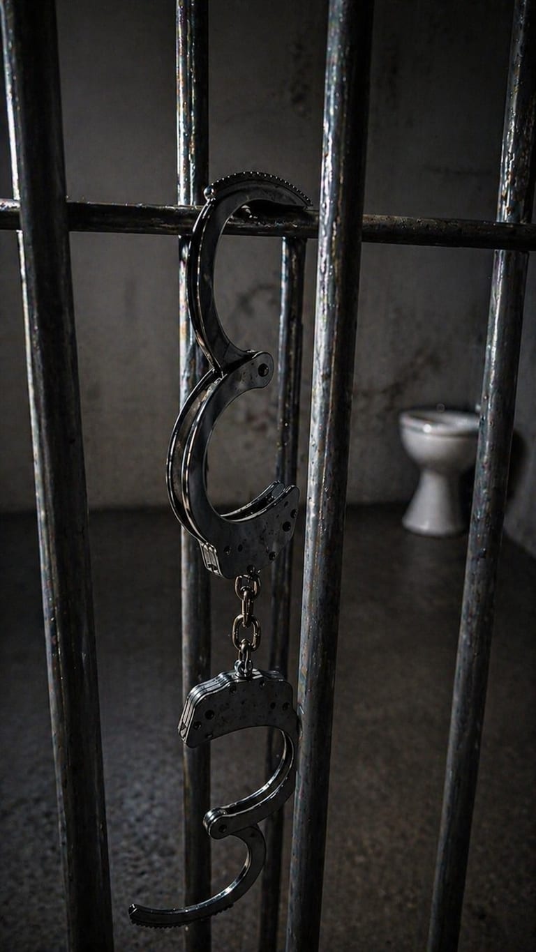 Menottes en métal et barreaux d'une cellule de garde à vue - pièce à conviction de l'escape game policier Caen Mondeville