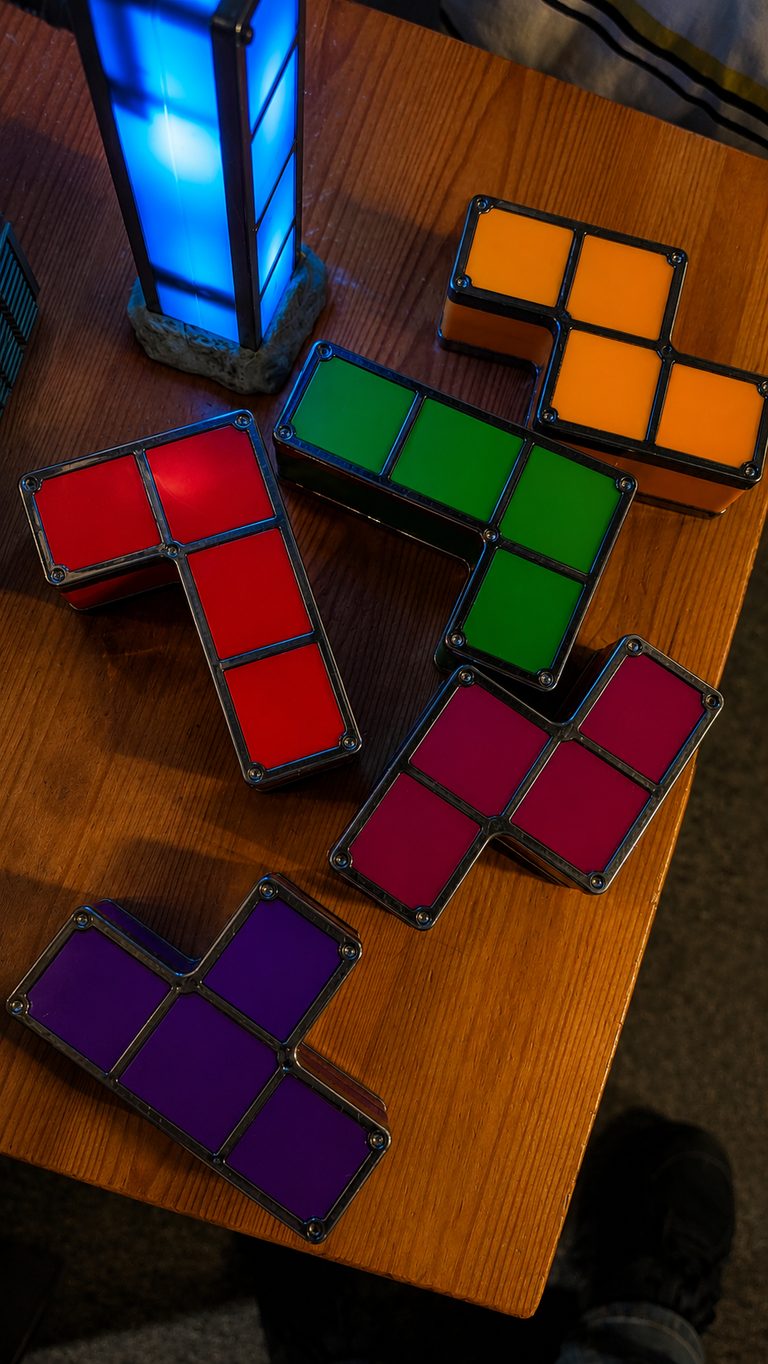 Lampe Tetris allumée dans la salle Back to the 80's de l'escape game GAMEDOOR·41 Caen Mondeville