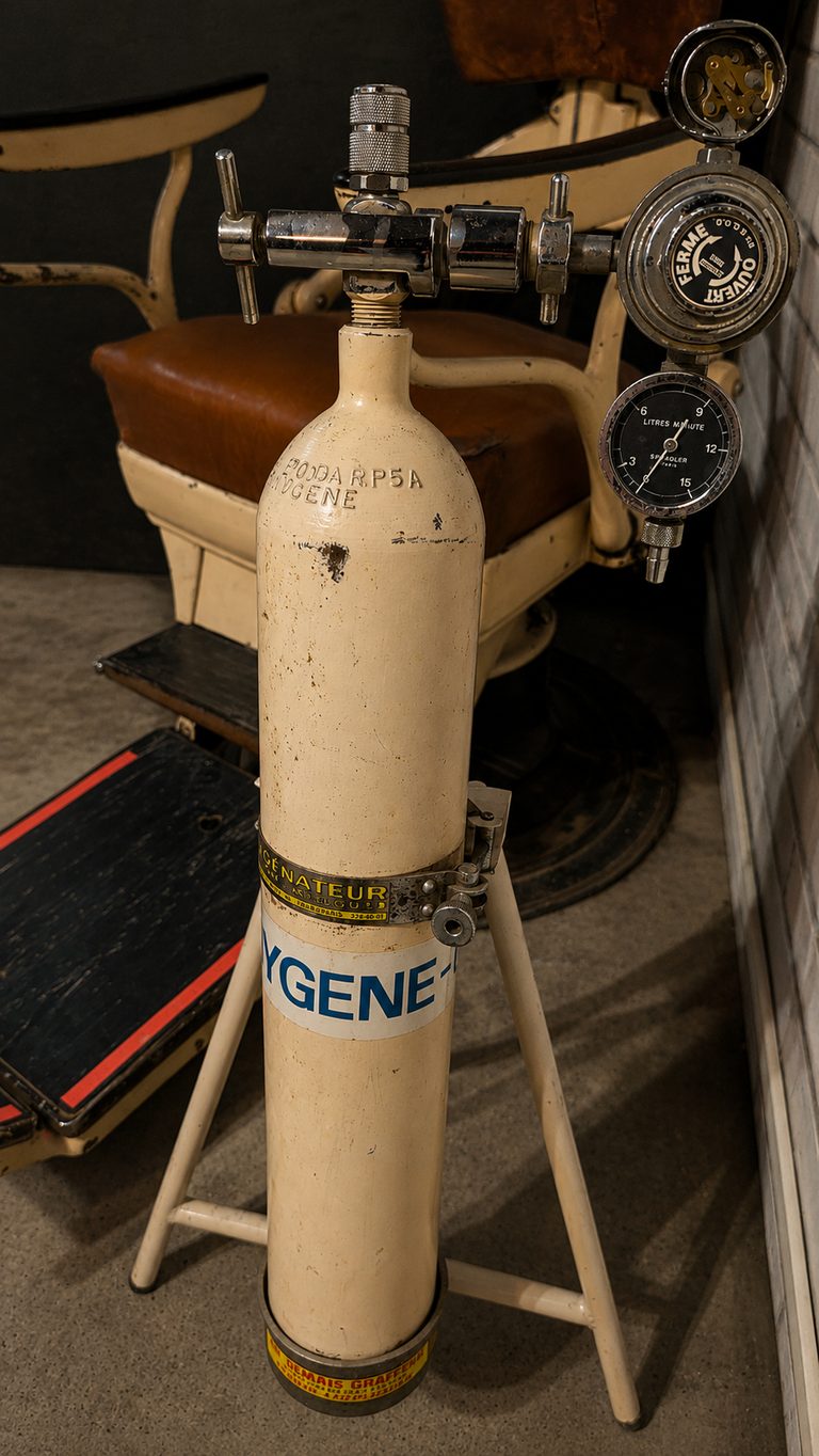 Bouteille d'oxygène et fauteuil médical vintage dans la salle Psychiatric de l'escape game GAMEDOOR·41 à Caen